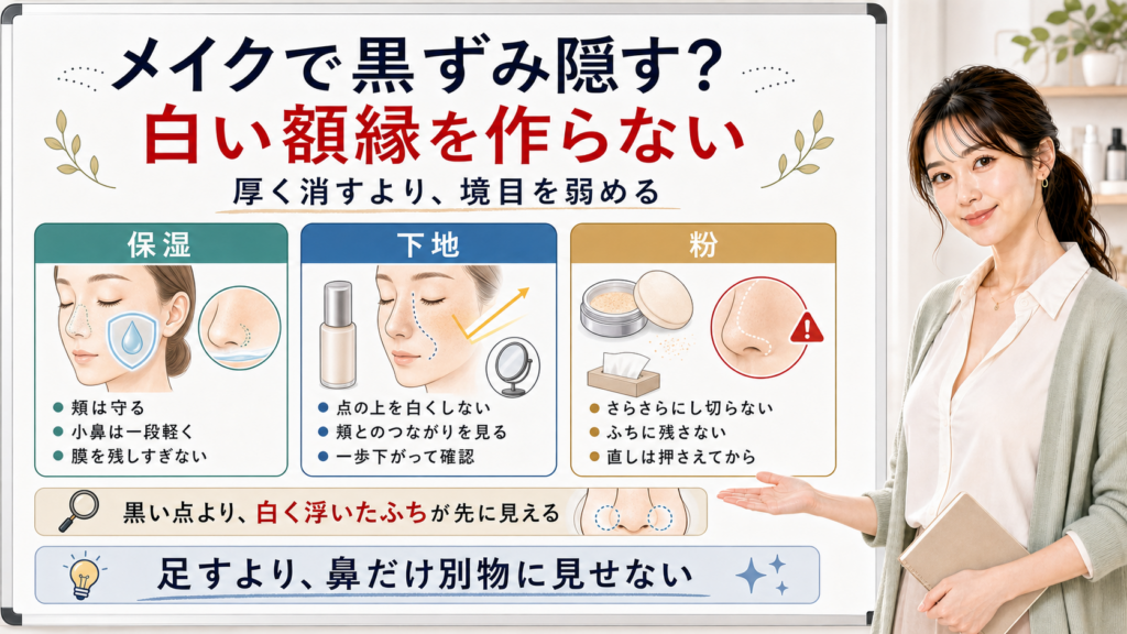 メイクで黒ずみを隠す時は厚く消すより白い額縁を作らない