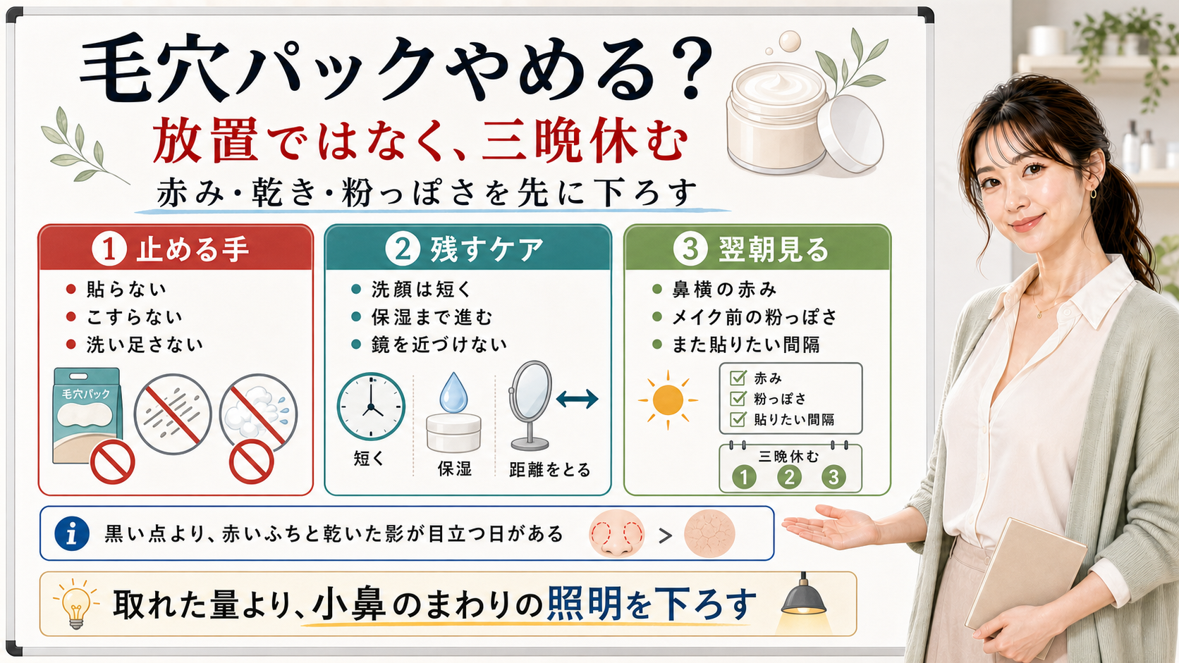 毛穴パックをやめる時は放置ではなく三晩休み赤み乾き粉っぽさを見る