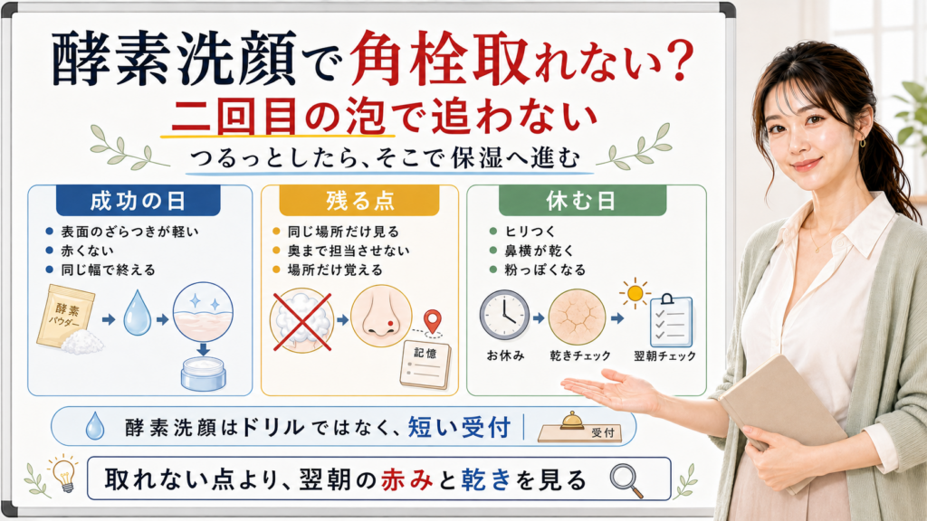 酵素洗顔で角栓が取れない時は二回目の泡で追わず翌朝の赤みと乾きを見る