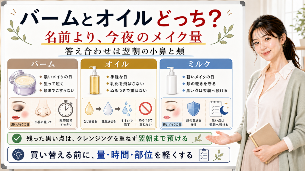 バームとオイルどっちかは名前より今夜のメイク量と翌朝の小鼻頬で決める