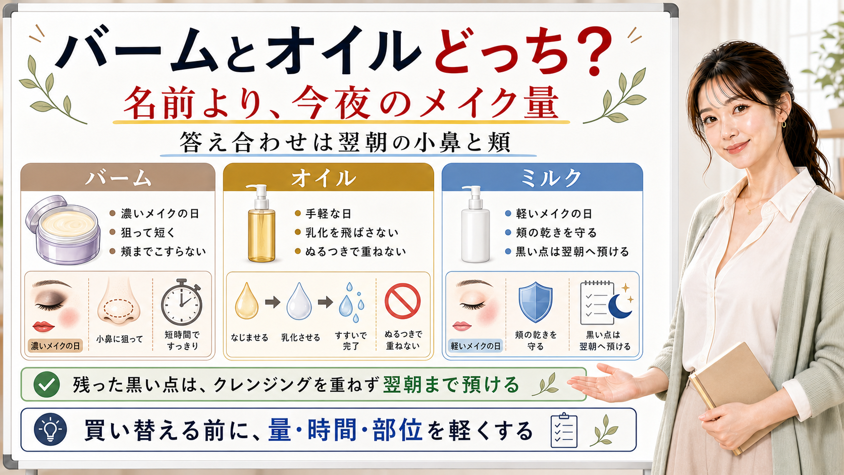 バームとオイルどっちかは名前より今夜のメイク量と翌朝の小鼻頬で決める