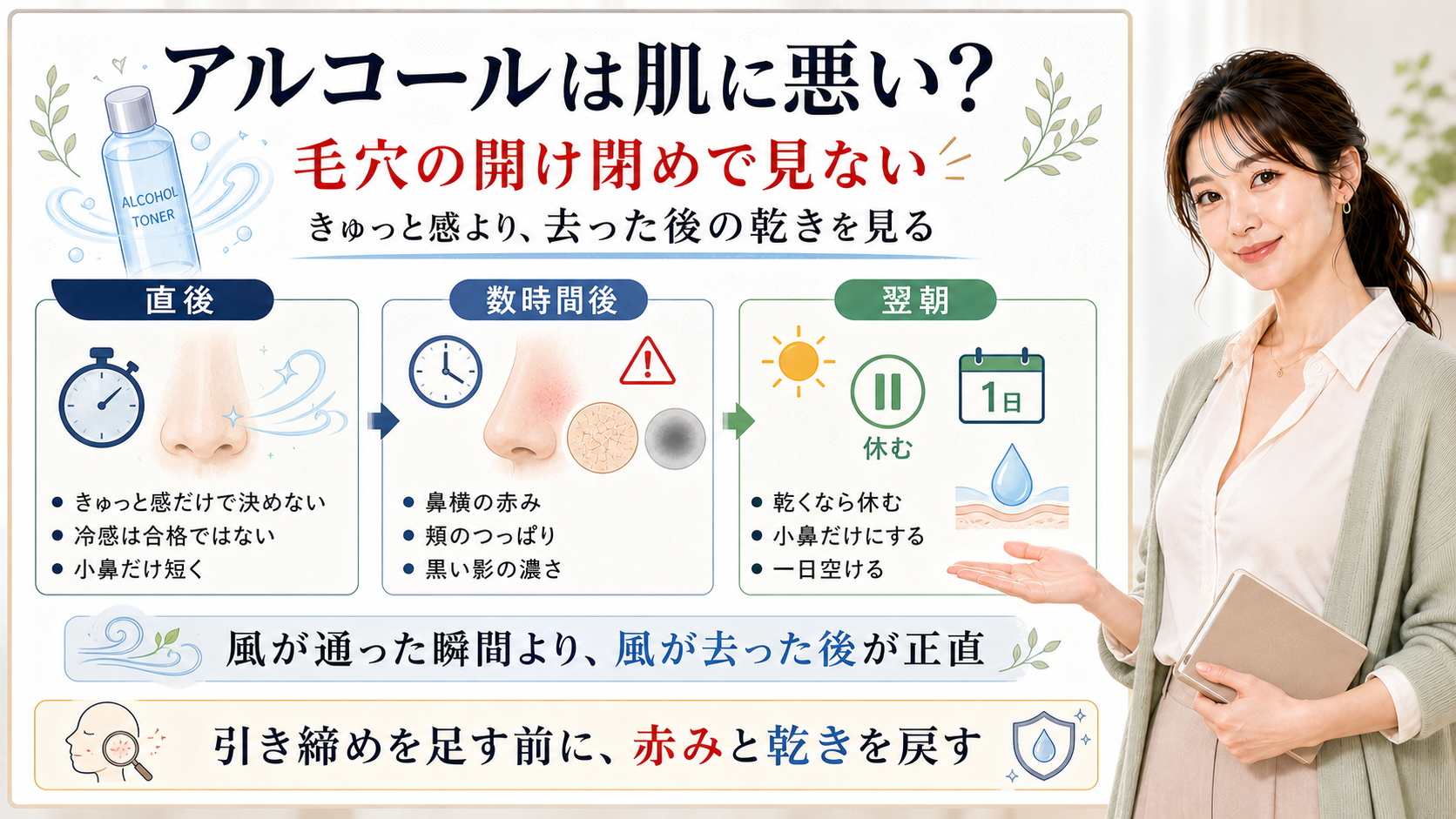 アルコールは肌に悪いかは毛穴の開け閉めではなく去った後の赤み乾きを見る