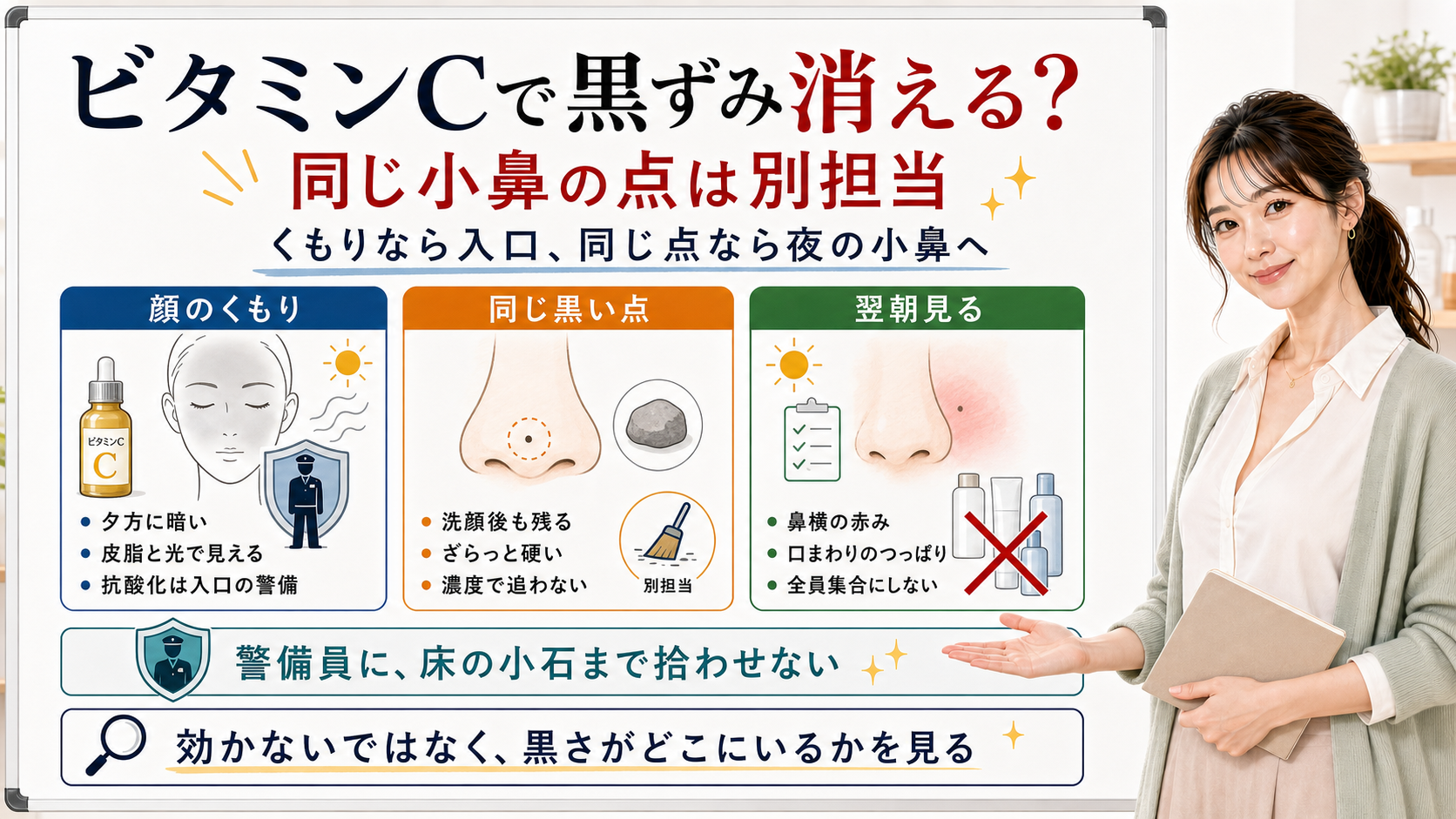 ビタミンCで黒ずみは顔のくもりと同じ小鼻の点を分けて見る