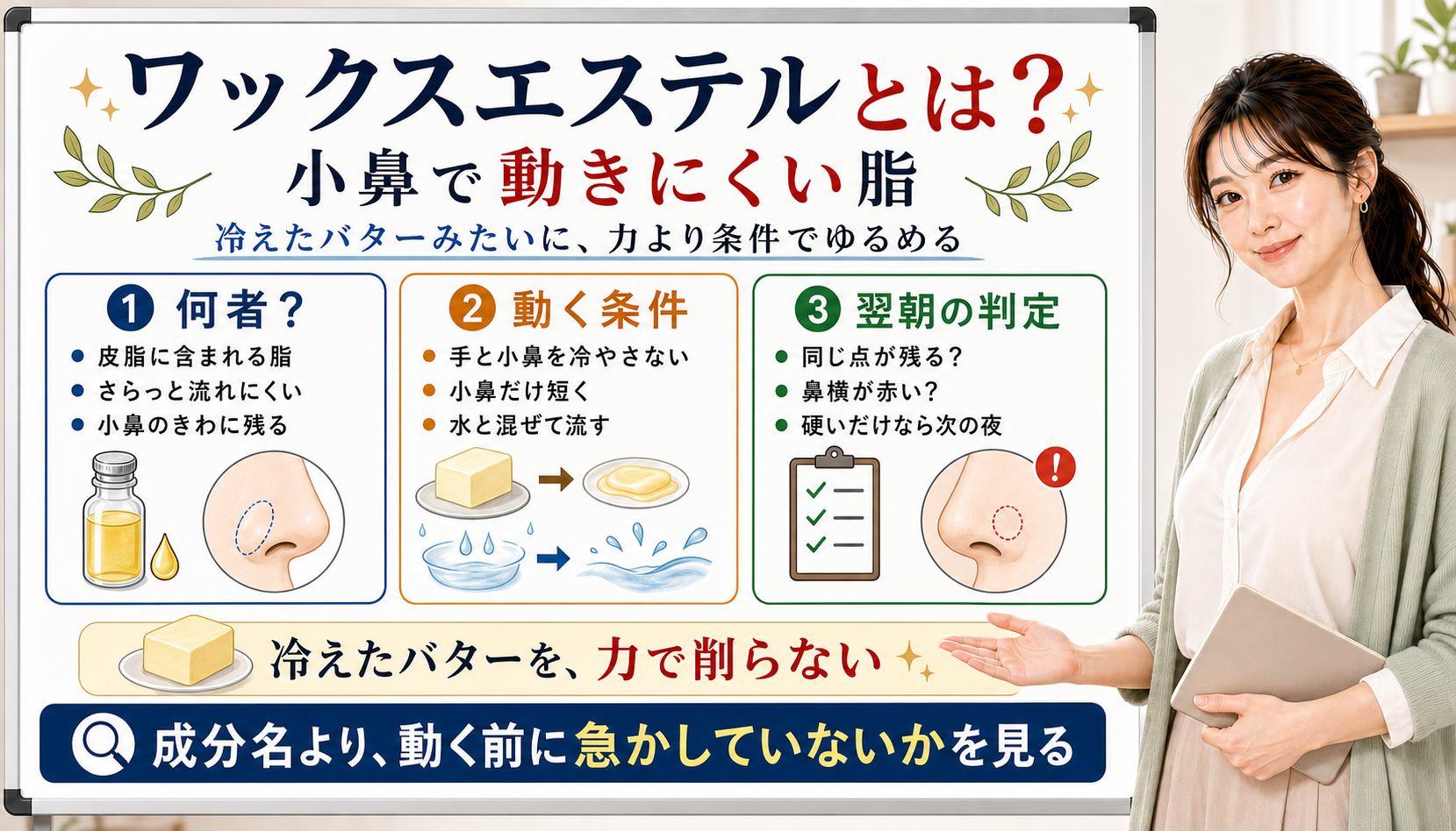 ワックスエステルとは小鼻で動きにくい脂を力より条件でゆるめる考え方