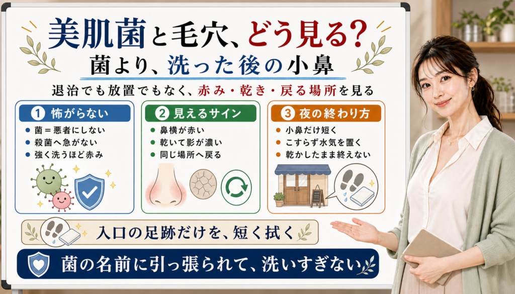 美肌菌と毛穴は菌の名前より洗った後の赤み乾き戻る場所を見る