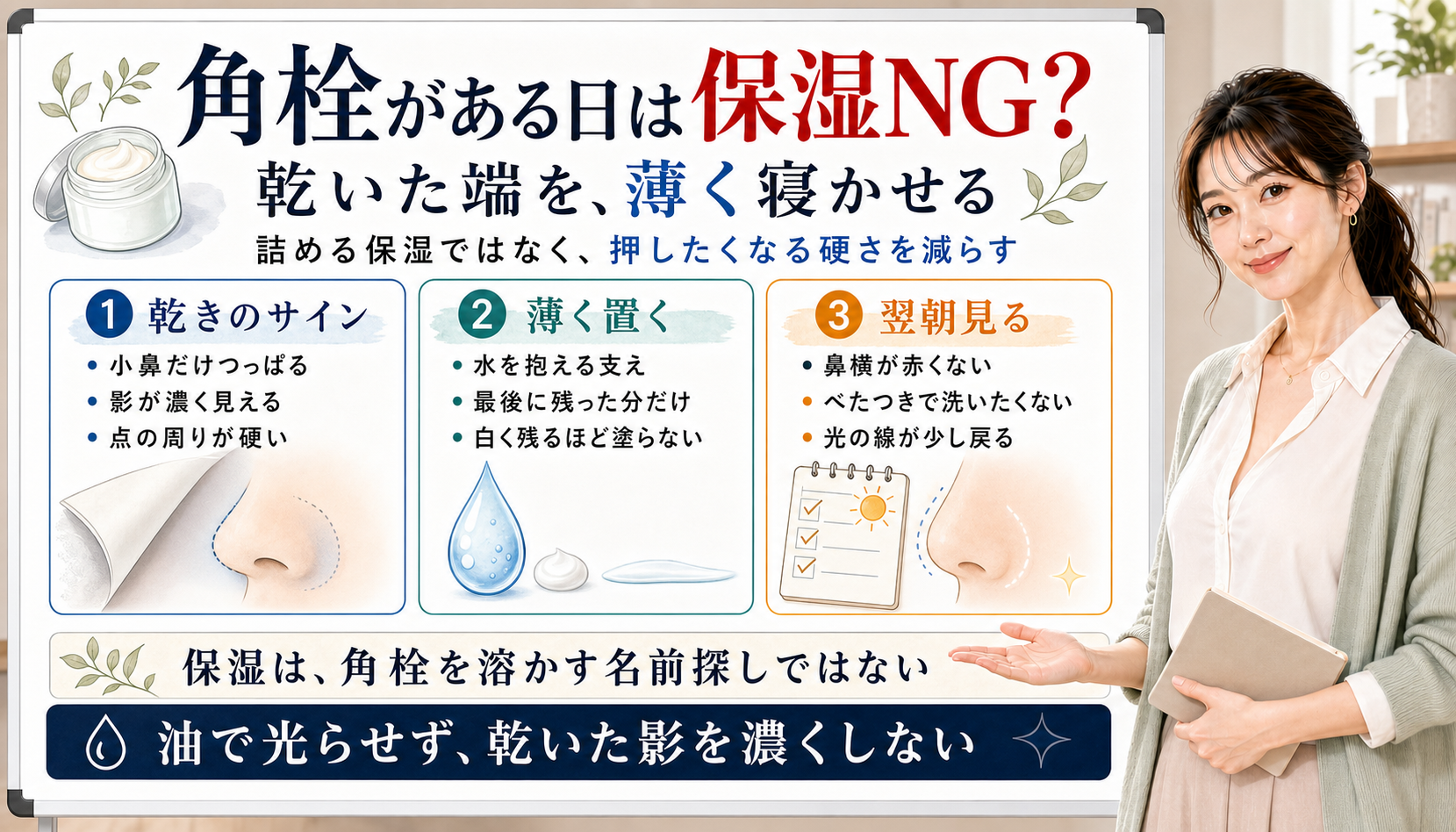 角栓がある日の保湿は詰めるのではなく乾いた端を薄く寝かせる