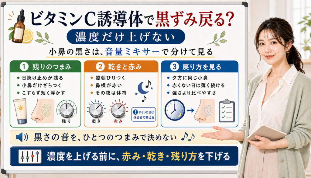 ビタミンC誘導体で黒ずみが戻る時は濃度だけでなく赤み乾き残り方を見る