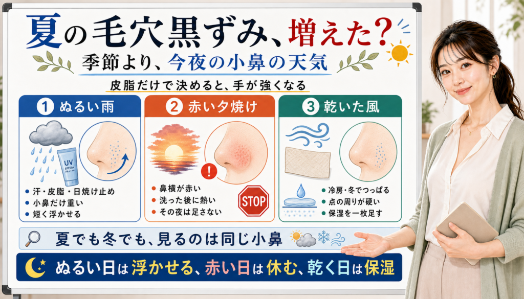 夏の毛穴黒ずみは皮脂だけで決めず今夜の小鼻の天気で見る