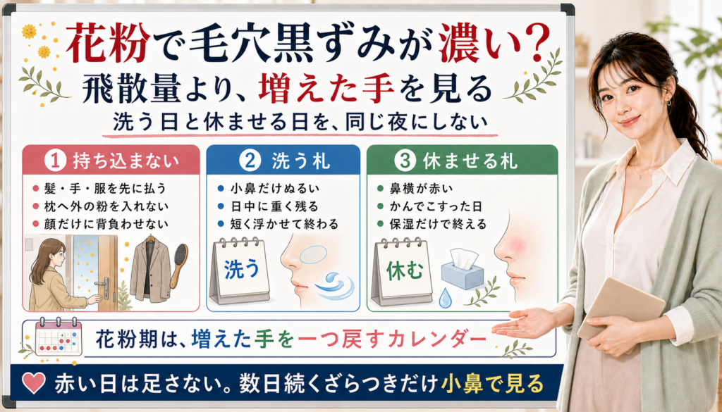 花粉で毛穴黒ずみが濃い時は飛散量より増えた手と洗う日休ませる日を見る