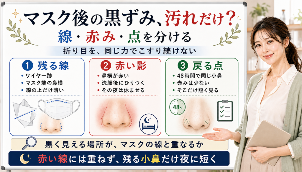 マスク後の黒ずみは汚れだけでなく線赤み戻る点を分けて見る