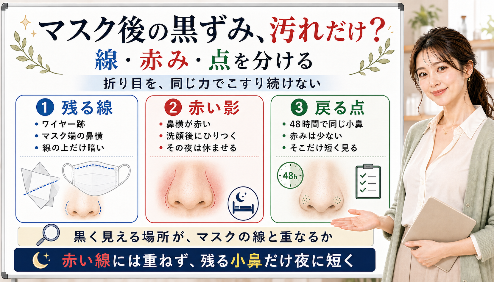 マスク後の黒ずみは汚れだけでなく線赤み戻る点を分けて見る