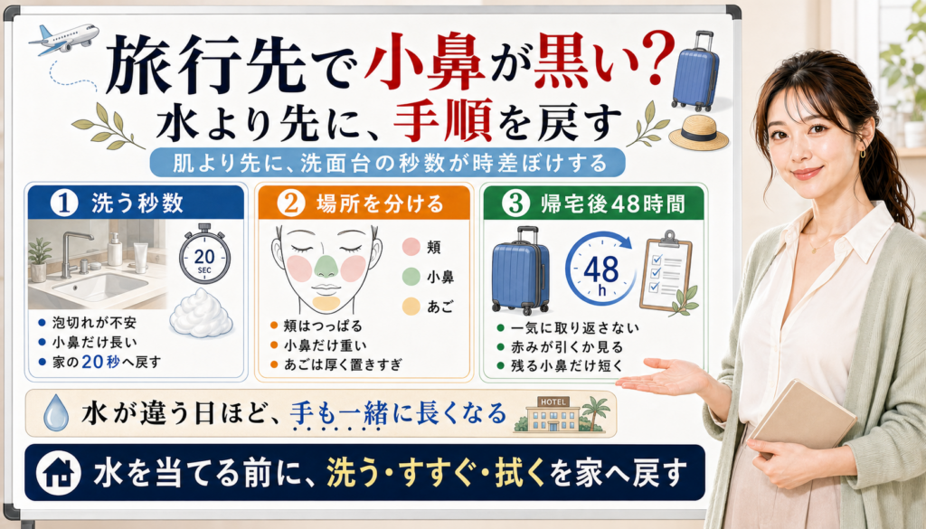 旅行先で小鼻が黒い時は水より先に洗う秒数と手順を戻す