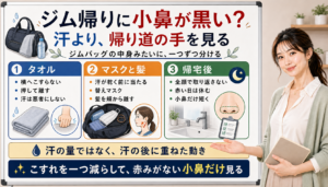 ジム帰りに小鼻が黒い時は汗よりタオルやマスク髪と帰宅後の洗い方を見る