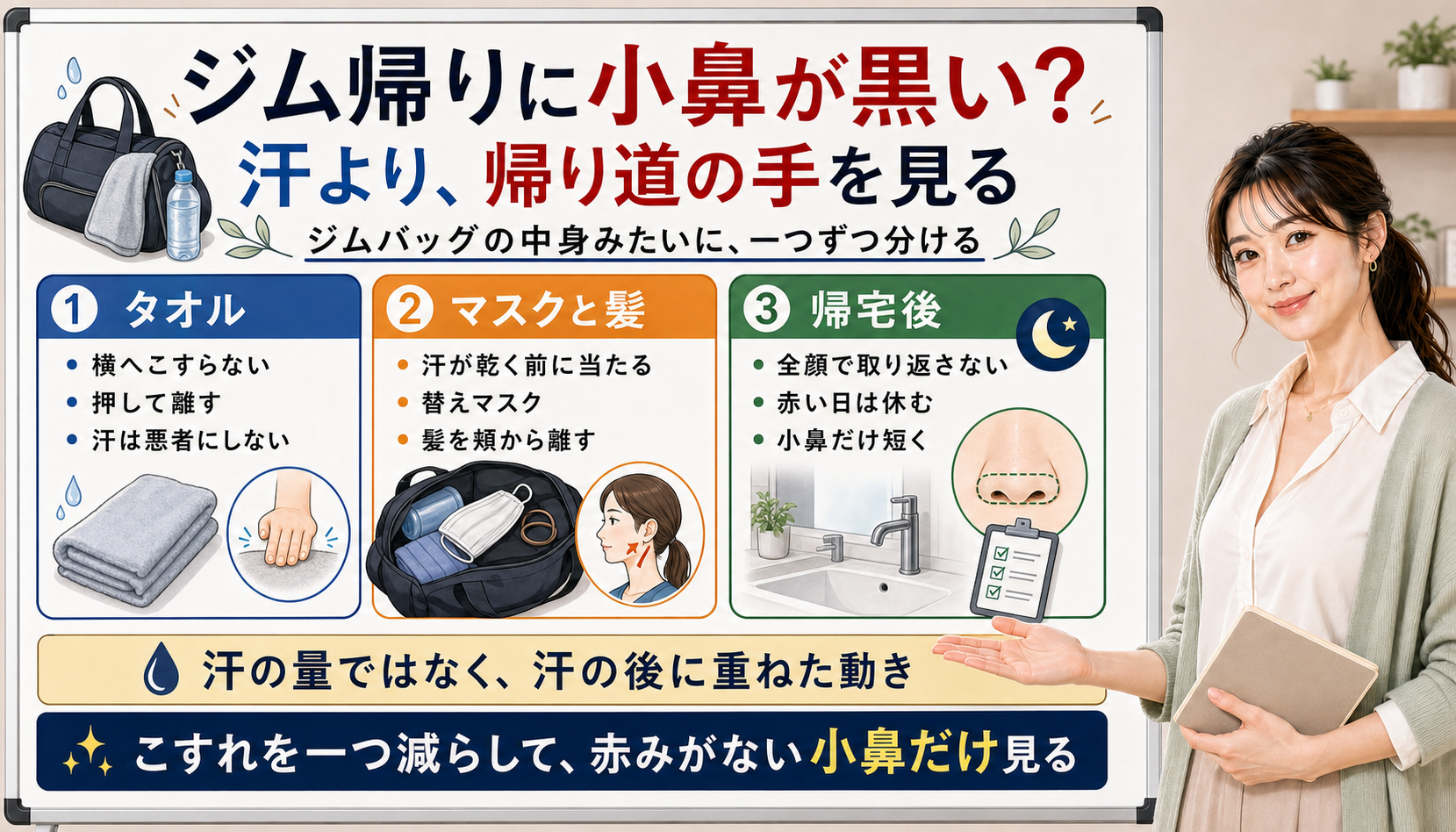 ジム帰りに小鼻が黒い時は汗よりタオルやマスク髪と帰宅後の洗い方を見る