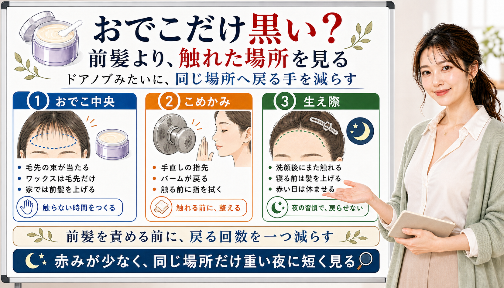 おでこだけ黒い時は前髪より触れた場所と戻る回数を見る