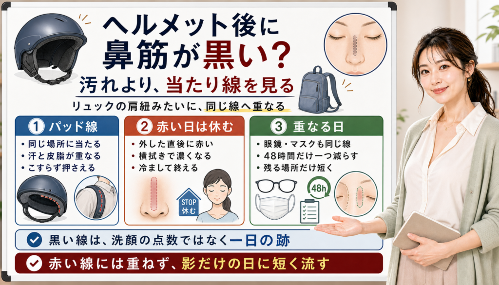 ヘルメット後に鼻筋が黒い時は汚れより当たり線と赤みを見る