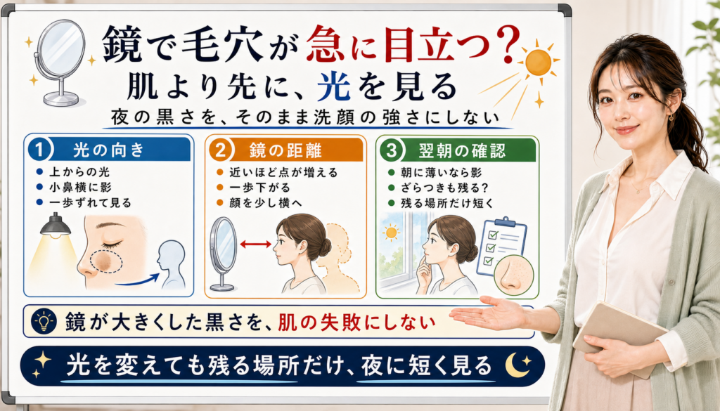 鏡で毛穴が急に目立つ時は肌より先に光と鏡の距離を見る