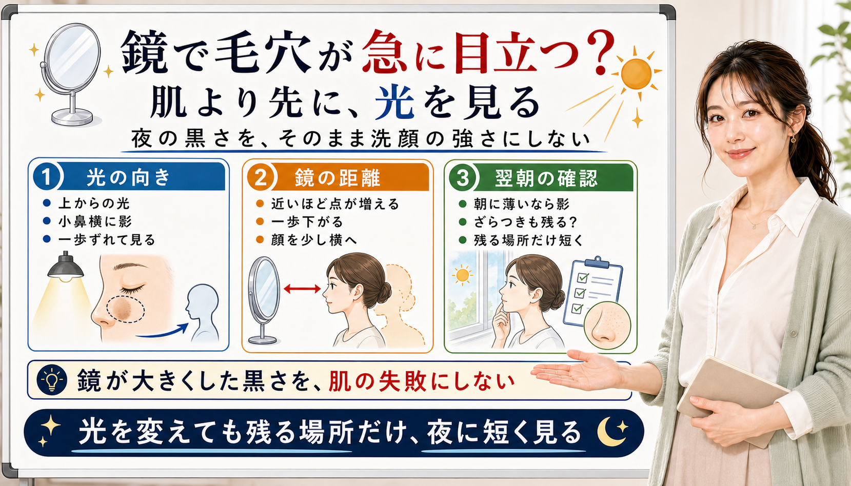 鏡で毛穴が急に目立つ時は肌より先に光と鏡の距離を見る