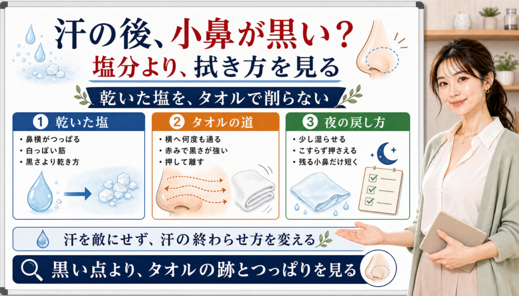 汗の後に小鼻が黒い時は塩分より拭き方とタオルの跡を見る