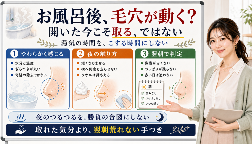お風呂後の毛穴ケアは湯気の時間をこする時間にせず翌朝で判定する