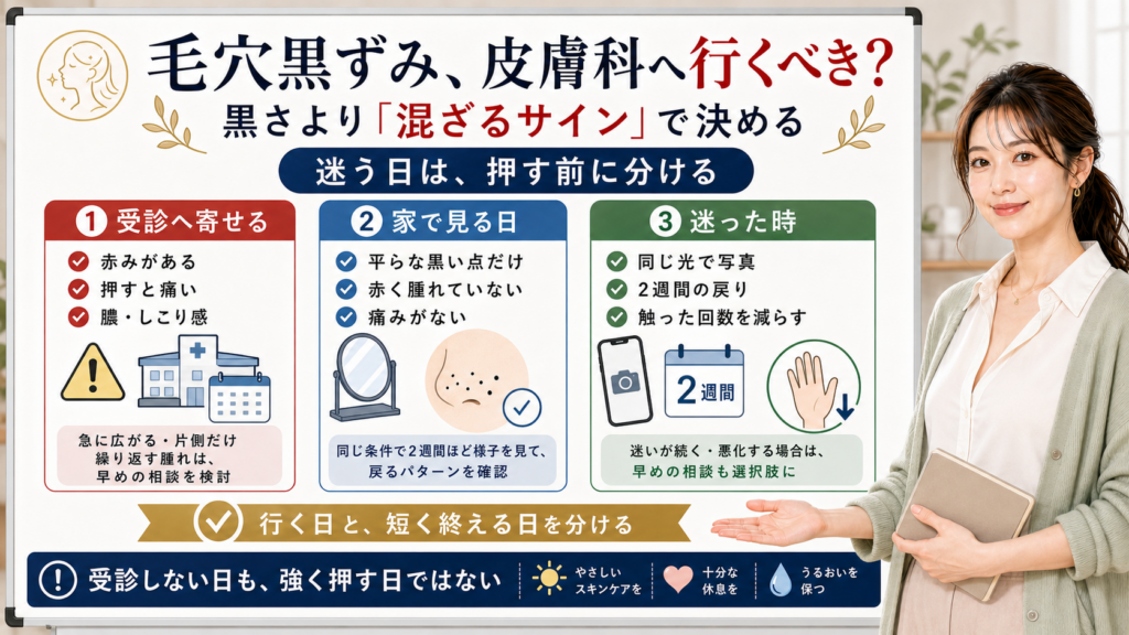 毛穴黒ずみで皮膚科へ行くべきかは黒さより赤み痛み膿しこりなど混ざるサインで分ける