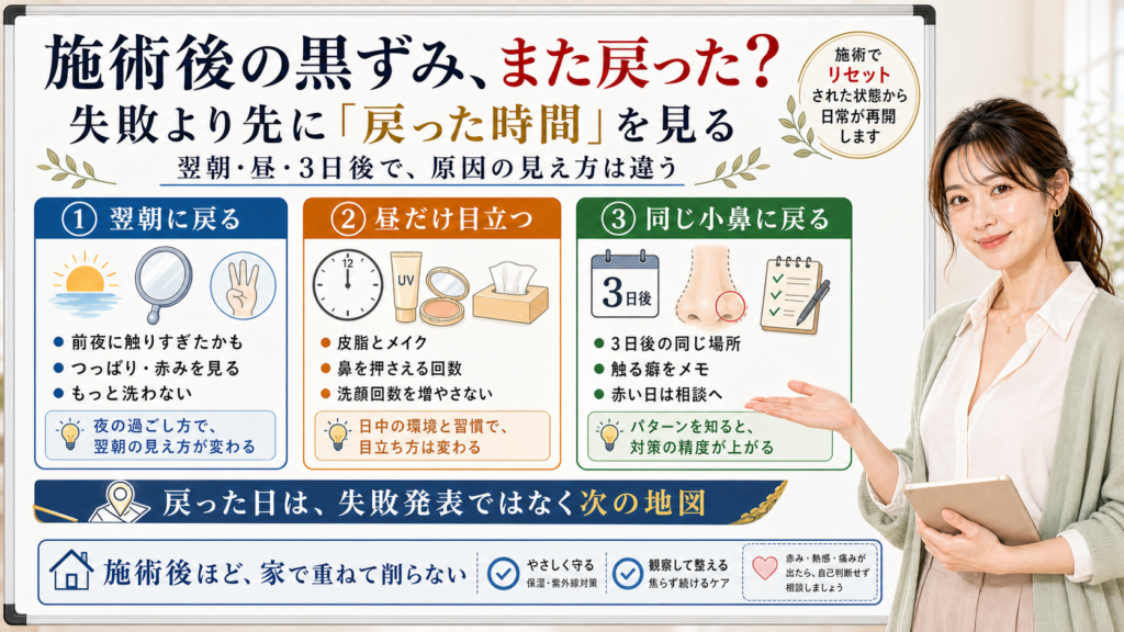 施術後に毛穴黒ずみが戻った時は翌朝昼3日後の戻った時間で原因を分ける