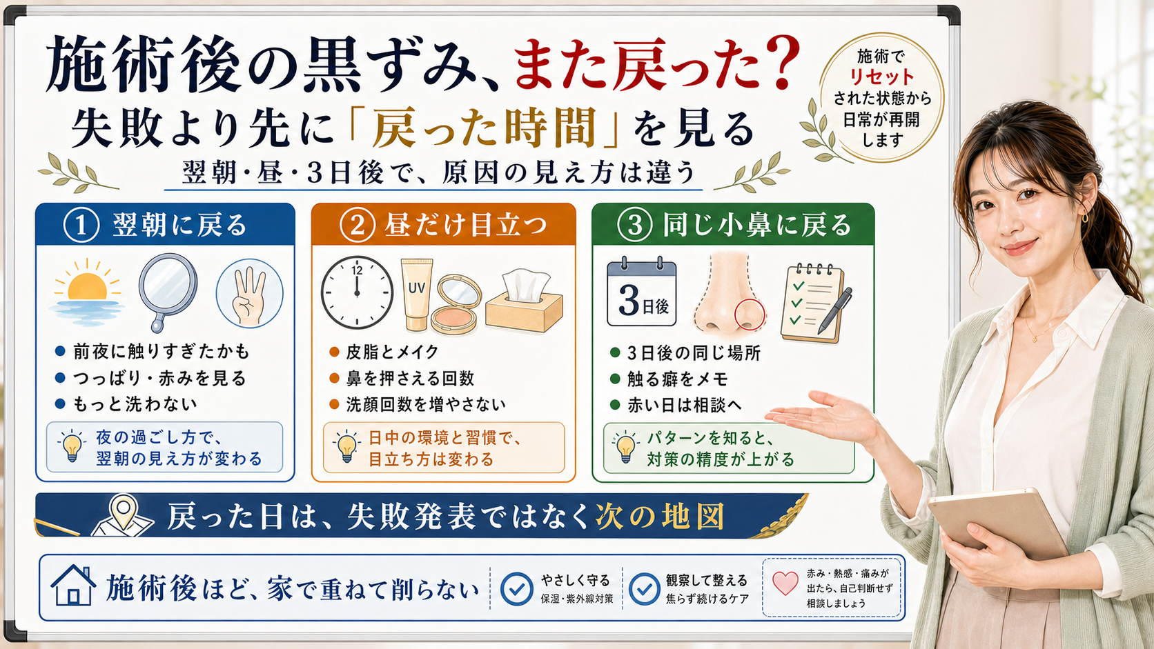 施術後に毛穴黒ずみが戻った時は翌朝昼3日後の戻った時間で原因を分ける