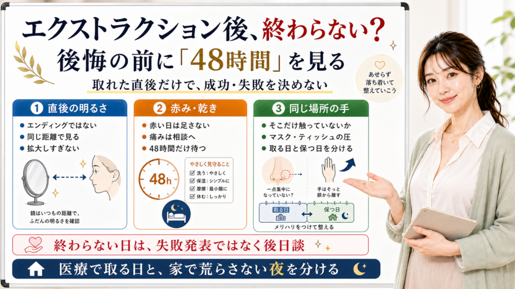 エクストラクション後に終わらない黒ずみは後悔の前に48時間の赤み乾き同じ場所の手を見る