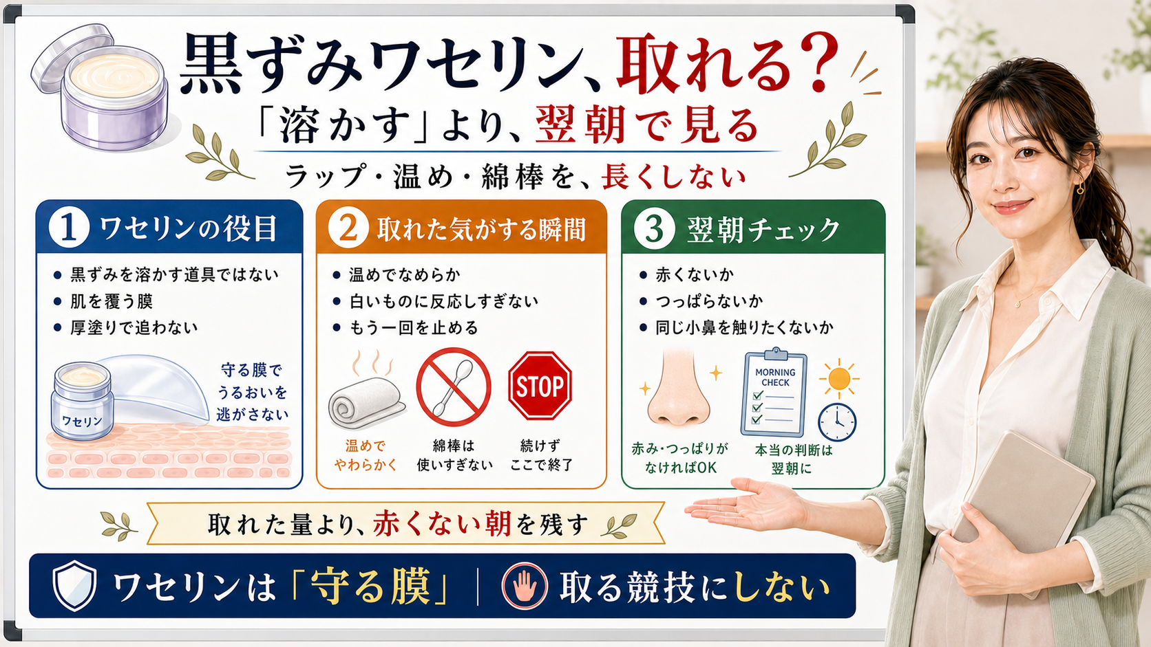 黒ずみワセリンは溶かす道具ではなくラップ温め綿棒を長くせず翌朝の赤みで見る