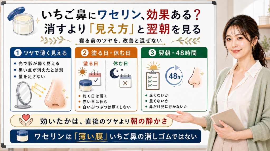 いちご鼻にワセリンは消すよりツヤの見え方と翌朝48時間の赤み重さで見る