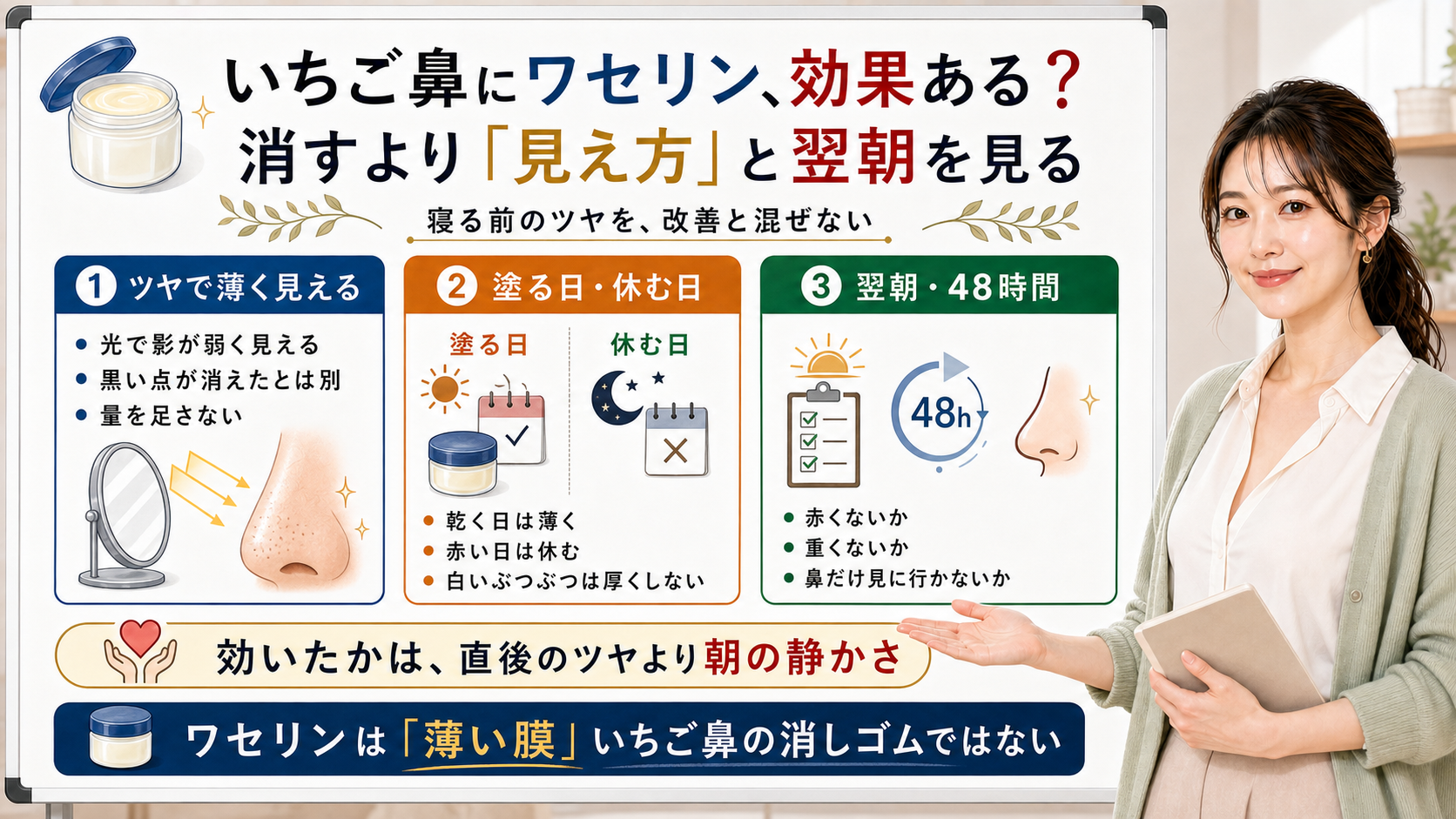 いちご鼻にワセリンは消すよりツヤの見え方と翌朝48時間の赤み重さで見る