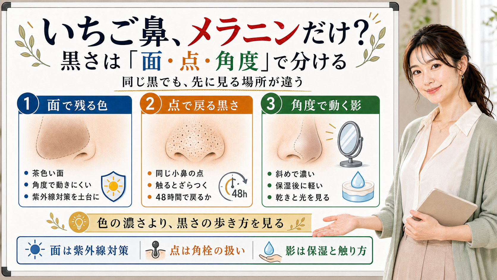 いちご鼻の黒さはメラニンだけでなく面で残る色点で戻る黒さ角度で動く影で分ける