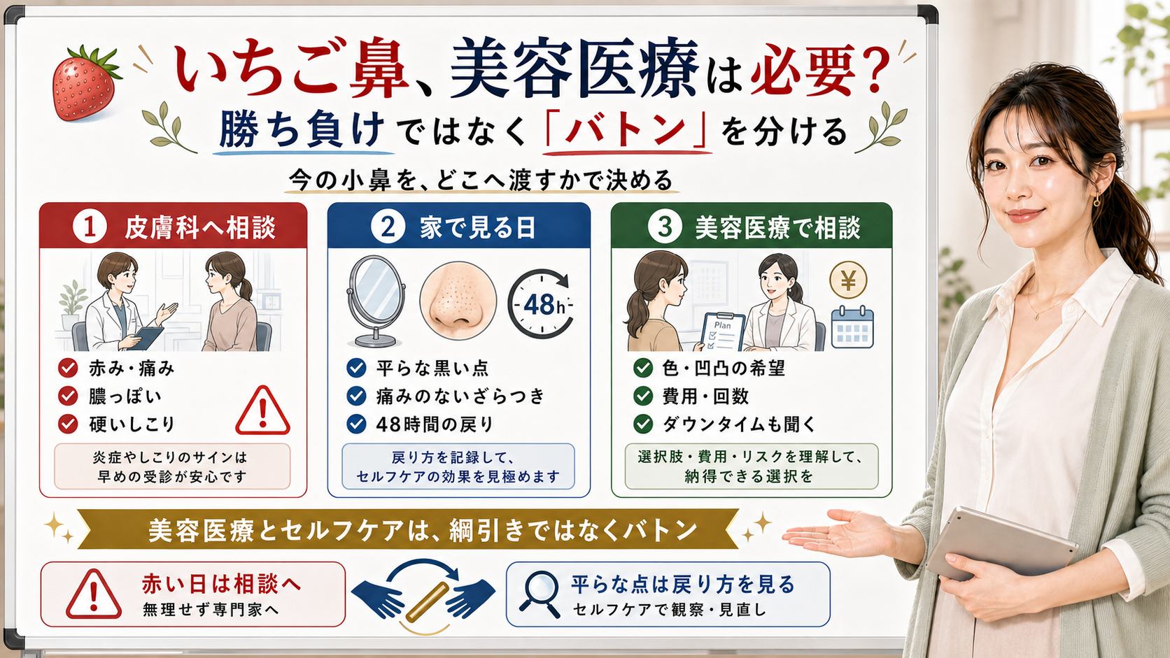 いちご鼻に美容医療が必要かは赤み痛みなら相談へ平らな点は戻り方を見るバトンで分ける