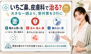 いちご鼻で皮膚科へ行く時は触れる黒い粒や赤み痛みや触れない影を受付票3行に分ける