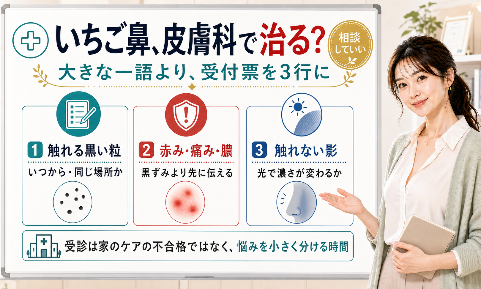 いちご鼻で皮膚科へ行く時は触れる黒い粒や赤み痛みや触れない影を受付票3行に分ける