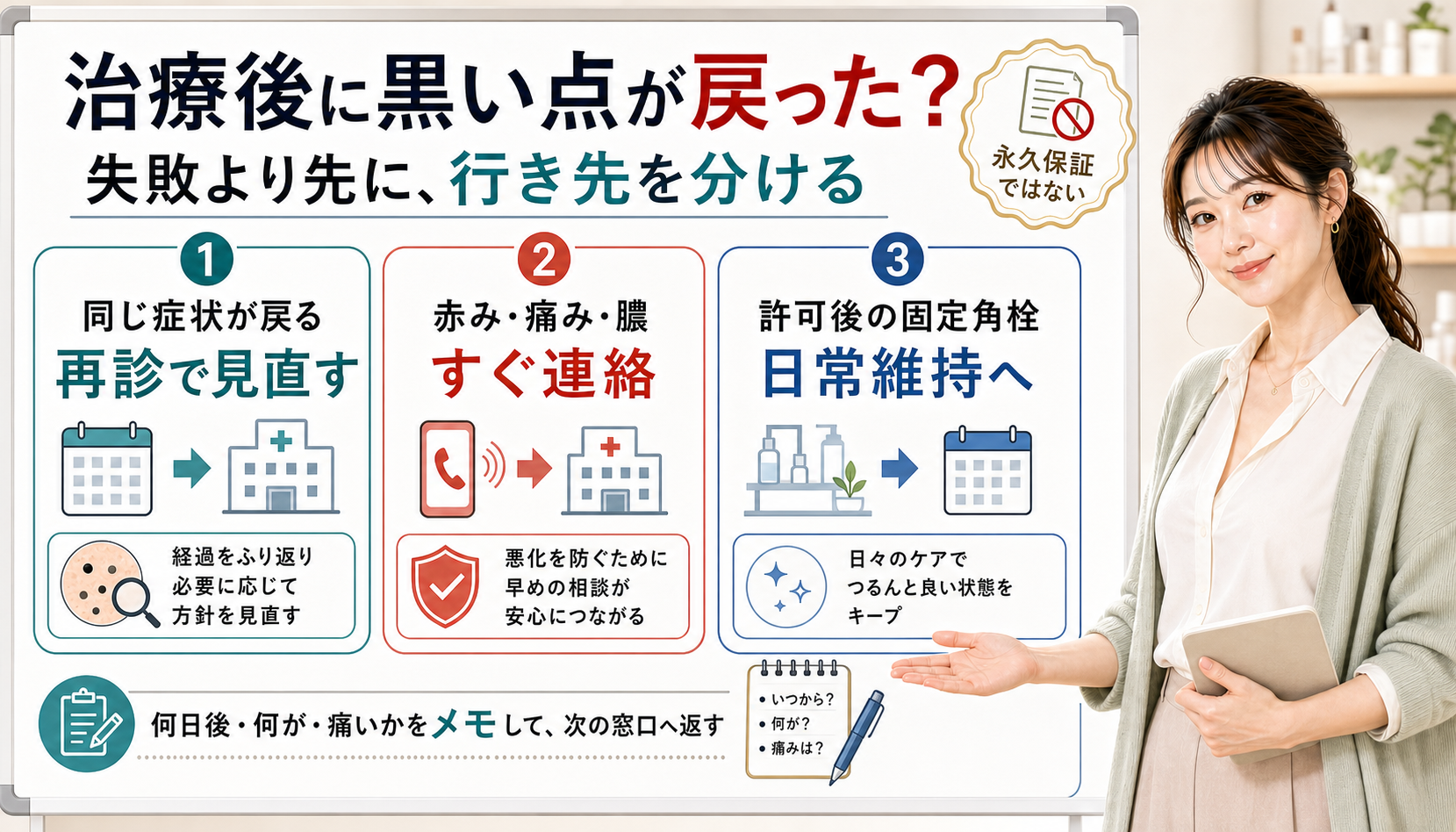 治療後にいちご鼻の黒い点が戻っても永久保証ではなく再診や連絡や日常維持へ行き先を分ける