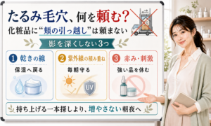 たるみ毛穴のスキンケアは頬を持ち上げる一本ではなく乾きや紫外線や赤み刺激を増やさない