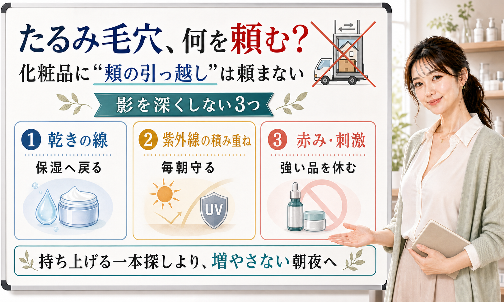 たるみ毛穴のスキンケアは頬を持ち上げる一本ではなく乾きや紫外線や赤み刺激を増やさない