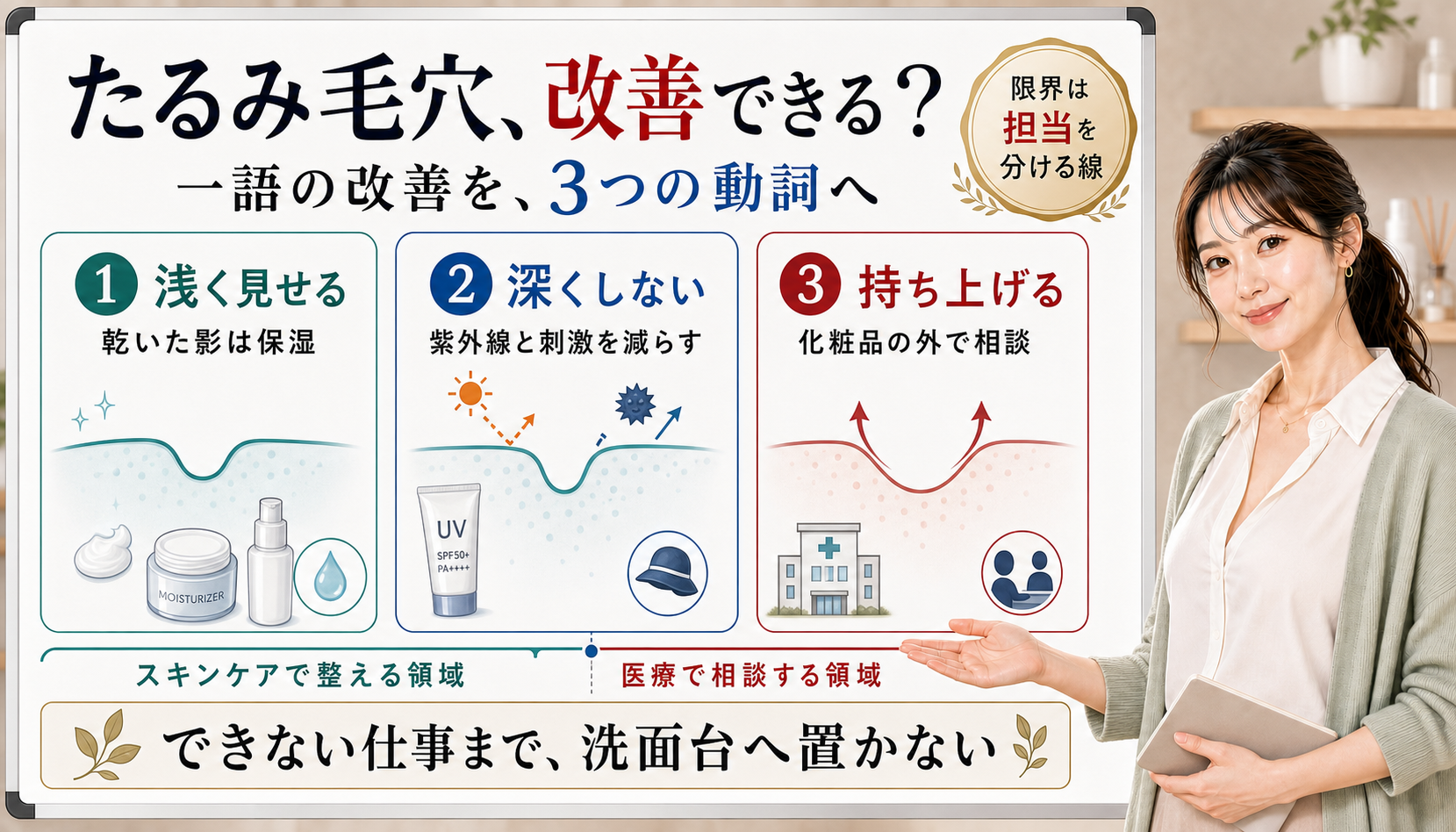 たるみ毛穴は改善を浅く見せる深くしない持ち上げるの3つに分けスキンケアと医療の担当を見る