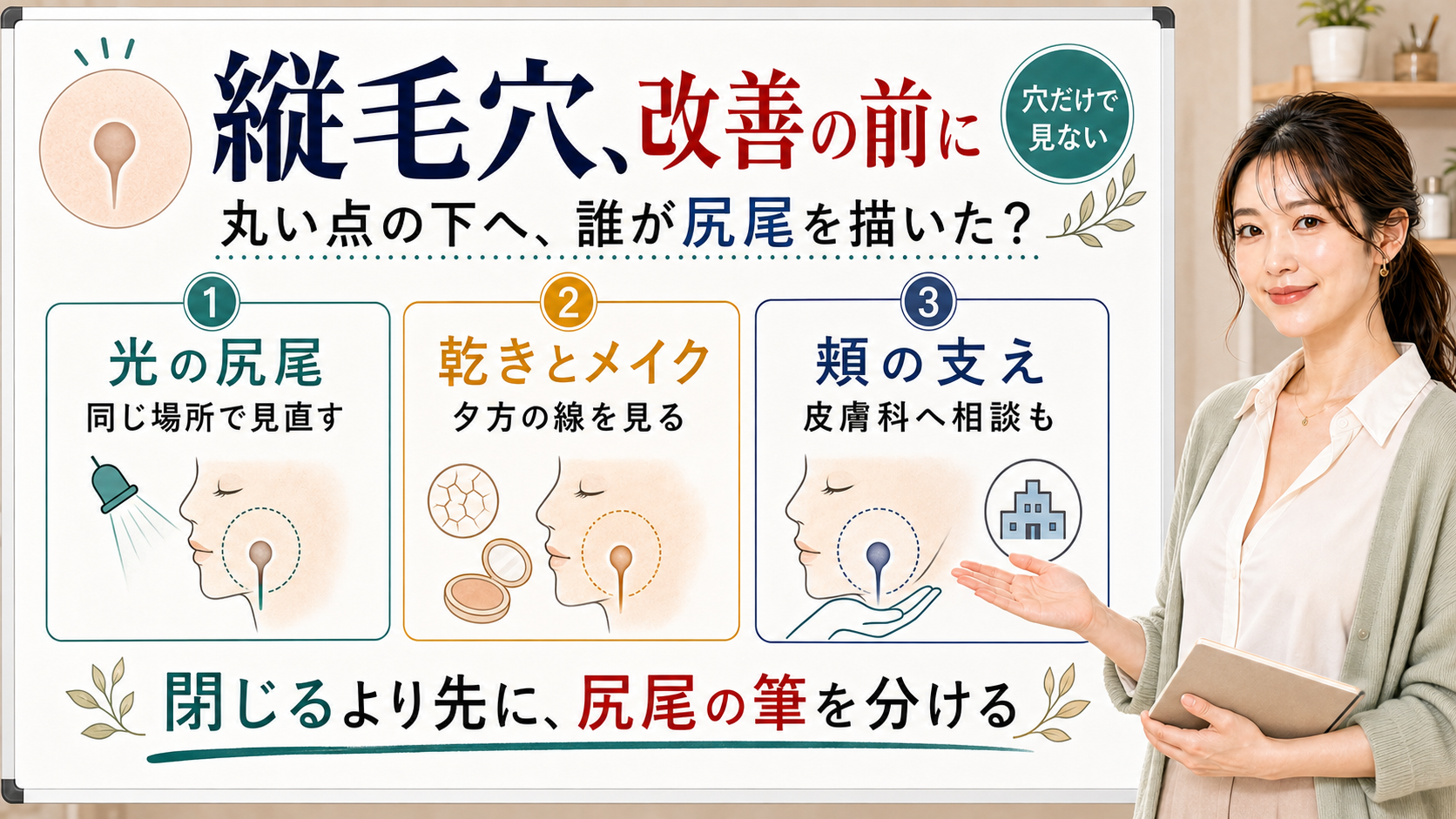 縦毛穴は改善の前に光や乾きとメイクや頬の支えが描く尻尾を分けて見る