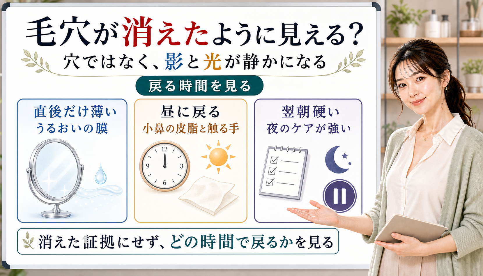 毛穴が消えたように見えるのは穴ではなく影と光が静かになるためで戻る時間を見る