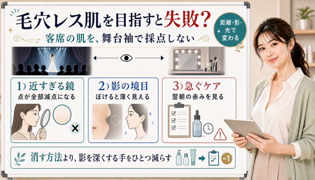 毛穴レス肌を目指す時は近すぎる鏡や影の境目や急ぐケアを分けて影を深くする手を減らす