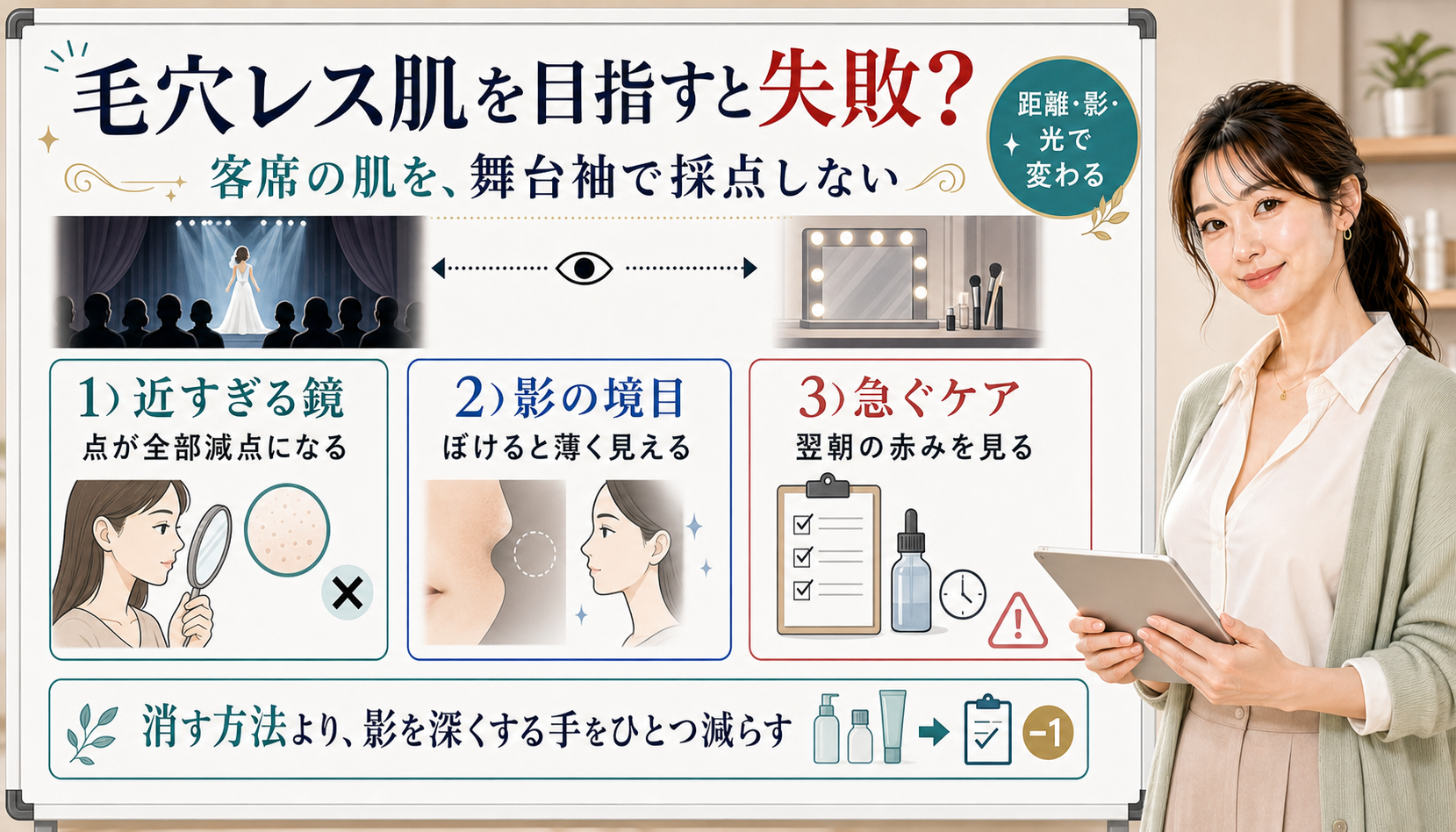 毛穴レス肌を目指す時は近すぎる鏡や影の境目や急ぐケアを分けて影を深くする手を減らす