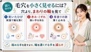 毛穴を小さく見せるには穴より乾いたひび赤みこすれ厚塗りの跡でできるまわりの輪を見る