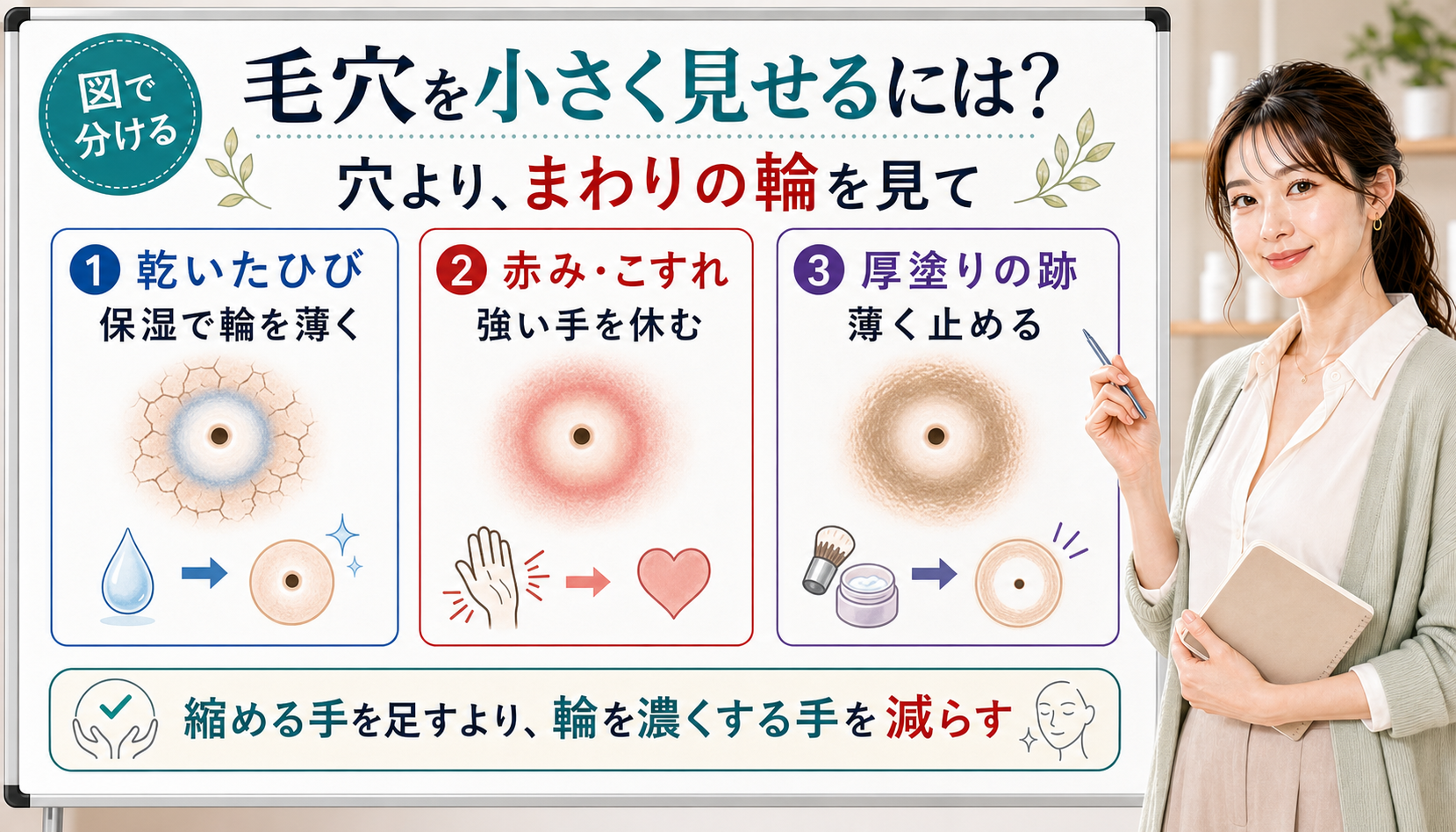 毛穴を小さく見せるには穴より乾いたひび赤みこすれ厚塗りの跡でできるまわりの輪を見る
