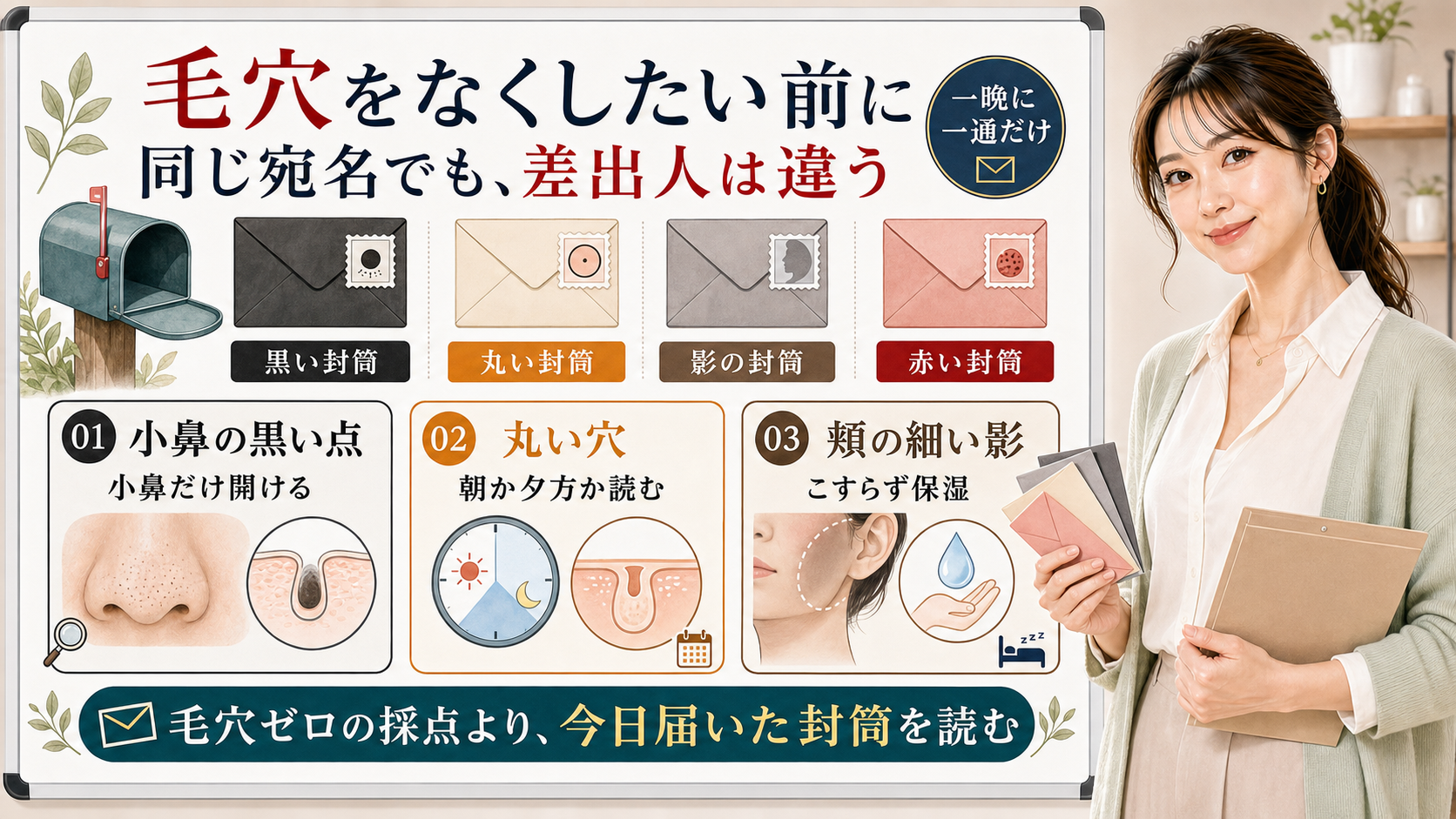 毛穴をなくしたい時は黒い封筒丸い封筒頬の影の封筒赤い封筒を一晩に一通だけ読む