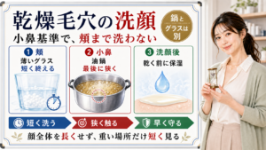 乾燥毛穴の洗顔は小鼻基準で頬まで長く洗わず頬は短く小鼻は狭く洗顔後は乾く前に保湿する