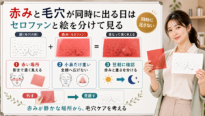 赤みと毛穴が同時に出る日はセロファンと絵を分けて赤い場所と小鼻の重さを翌朝に確認する