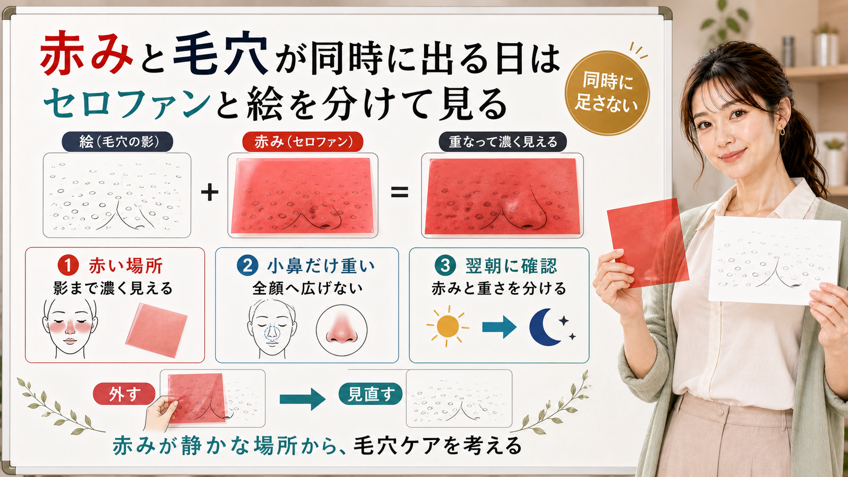 赤みと毛穴が同時に出る日はセロファンと絵を分けて赤い場所と小鼻の重さを翌朝に確認する