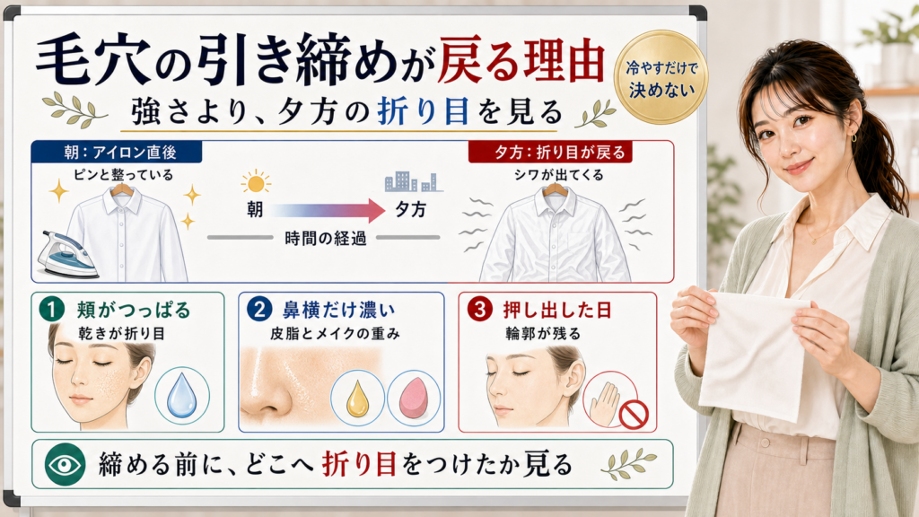 毛穴の引き締めが戻る理由は強さより夕方の折り目で頬の乾き鼻横の皮脂とメイク押し出した日の輪郭を見る